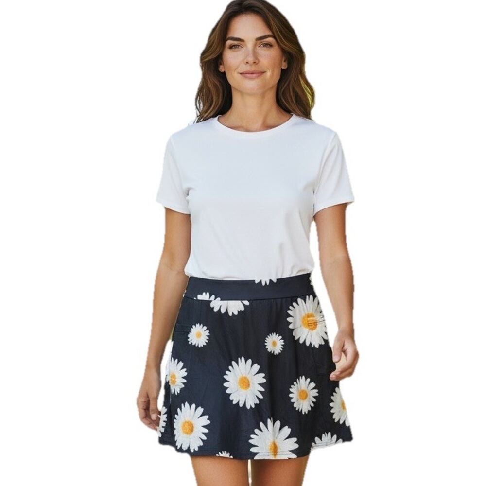 Flowy Athletic Skort Tennis Running Pickleball Yoga Black Daisy Print Size XL